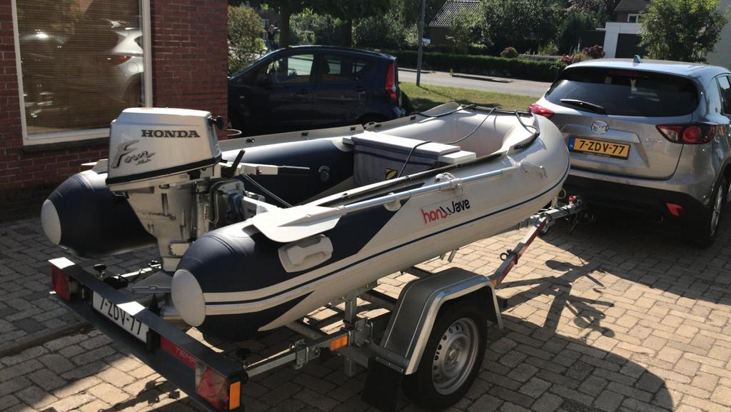 Honwave T30 + Honda 9.9 pk 4-takt bbm + boottrailer, Watersport en Boten, Ophalen, Zo goed als nieuw, Benzine, Aluminium