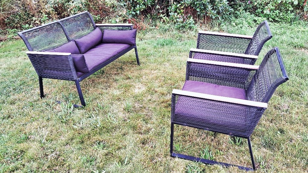Loungeset modern zwart 4 personen met bank 2 stoelen kussens, Ophalen, 4 zitplaatsen, Gebruikt, Loungeset