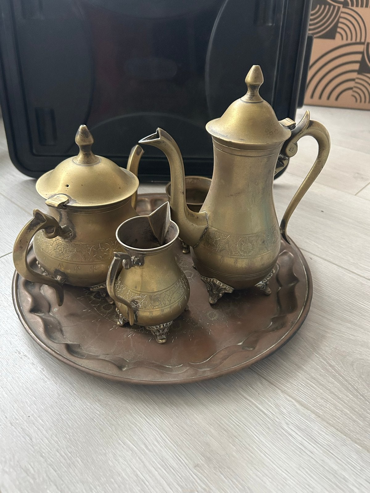 Vintage messing theeservies met dienblad, Antiek en Kunst, Ophalen of Verzenden