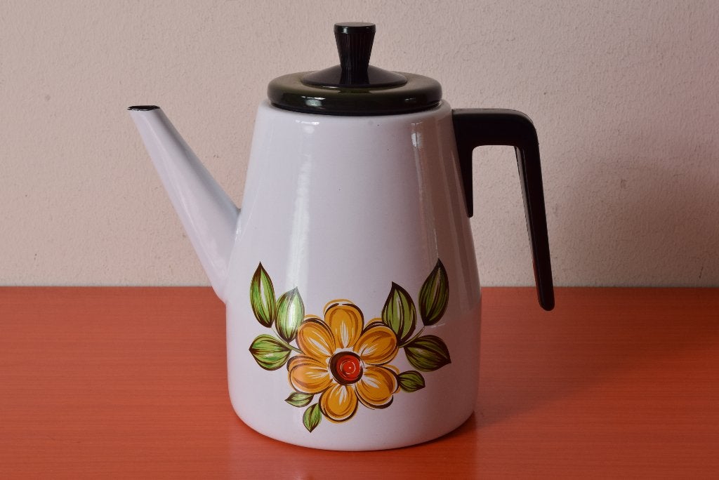 Retro vintage emaille theepot / koffiepot - Funky bloem, Overige materialen, Overige merken, Vintage, Nieuw