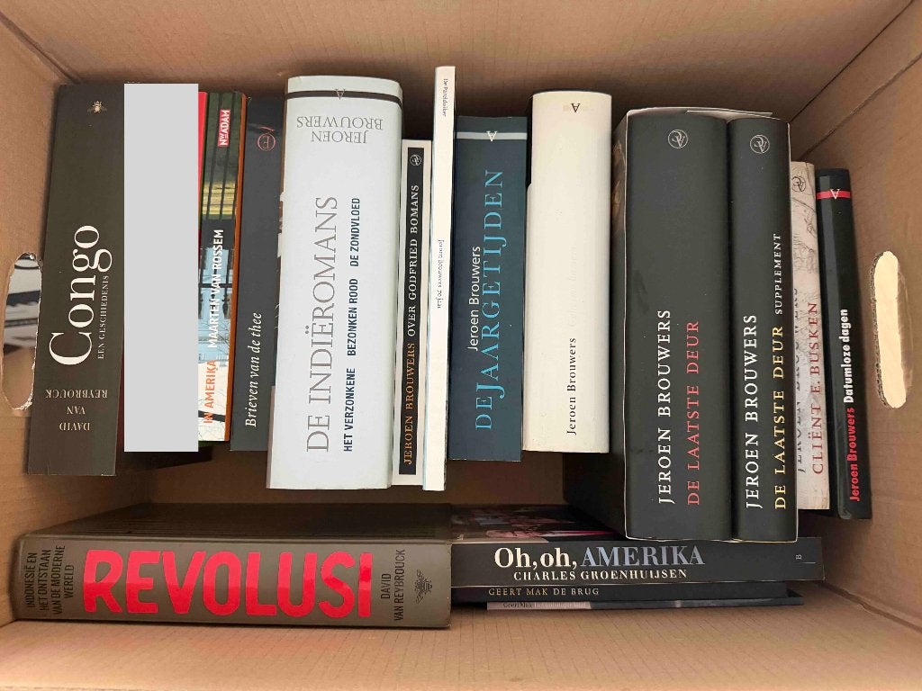 Verhuisdoos vol boeken o.a. Jeroen Brouwers, Ophalen, Gelezen, Geschiedenis en Politiek