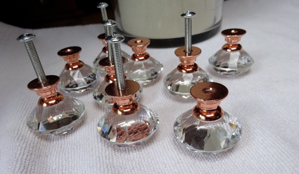 9 Kristallen meubelknoppen met een roségouden basis, Verzenden, Zo goed als nieuw, Overige materialen, Klink of Kruk