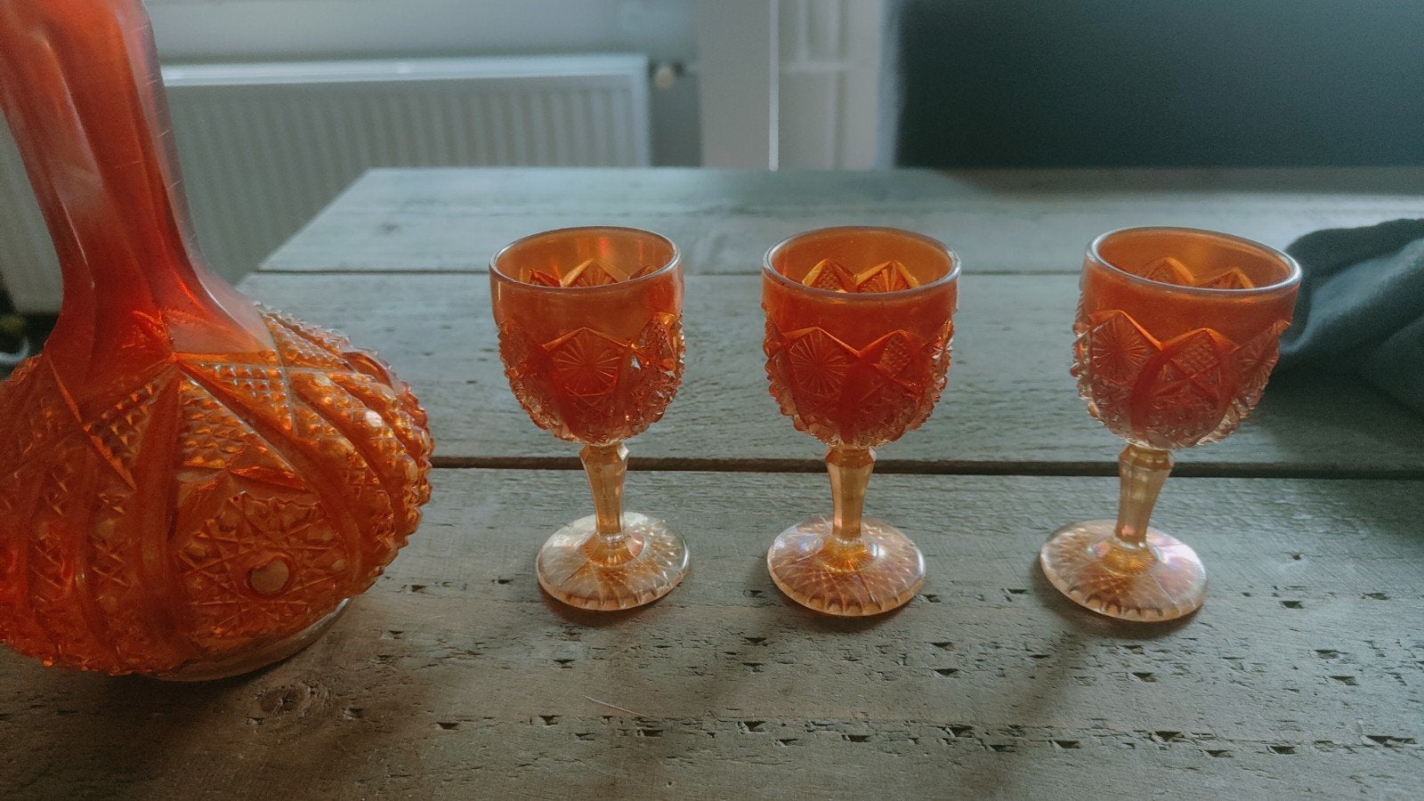 Vintage Marigold Carnival Glass likeurset (Karaf + 3 glaasje, Ophalen of Verzenden