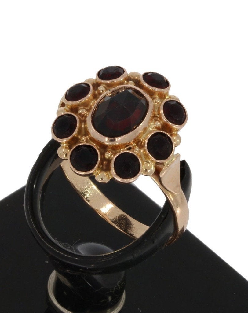 Granaat rozet 14k gouden entourage dames ring vintage, Sieraden, Tassen en Uiterlijk, Antieke sieraden, Verzenden, Goud, Ring