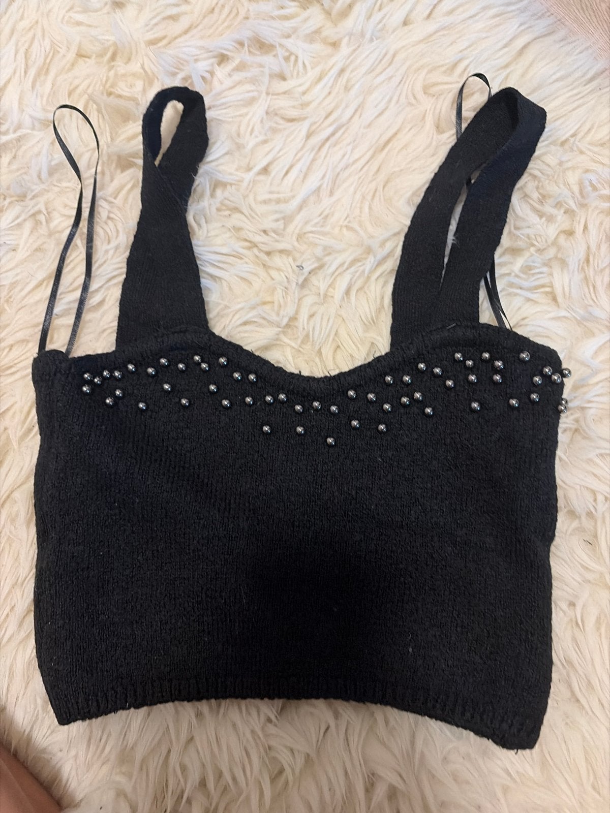 MNG Zwart Gebreide Croptop met Parels Maat S, Kleding | Dames, Zwart, Ophalen of Verzenden, Zo goed als nieuw, Zonder mouw