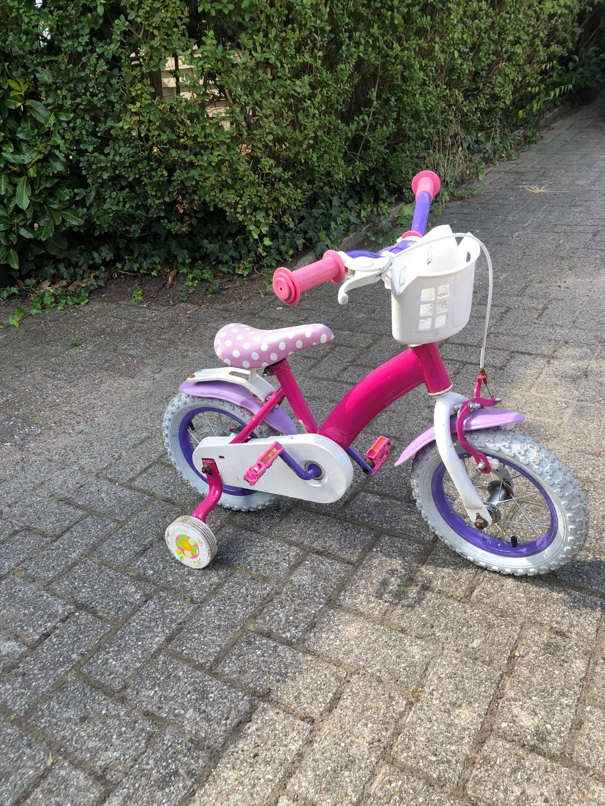 Roze kinderfiets met zijwieltjes en mandje, Fietsen en Brommers, Fietsen | Kinderfietsjes, Ophalen, Terugtraprem, Zijwieltjes