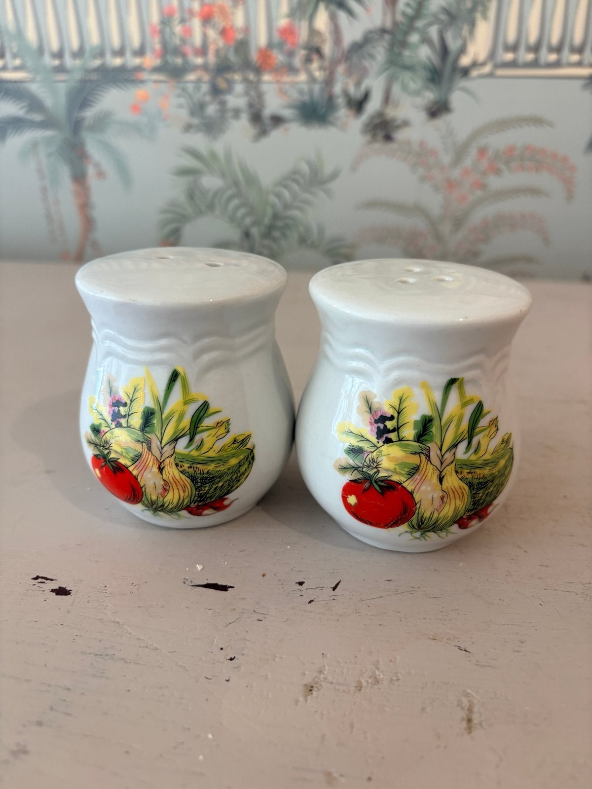 Vintage Keramiek Peper- en Zoutstel met Groentenprint, Ophalen of Verzenden