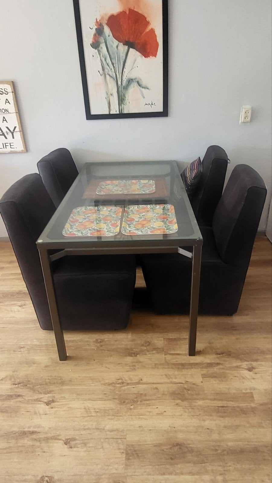 Eettafel met glazen blad en 4 stoelen, Gebruikt, 100 tot 150 cm, Glas, Modern