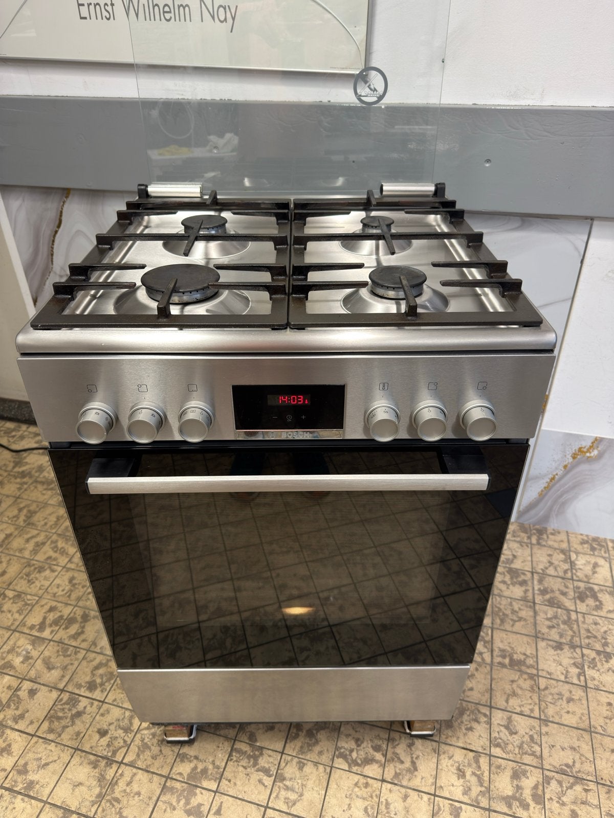 Bosch RVS gasfornuis met hete lucht oven en grill 60x85 cm, Witgoed en Apparatuur, Fornuizen, Grill, Zo goed als nieuw, Gas, 85 tot 90 cm