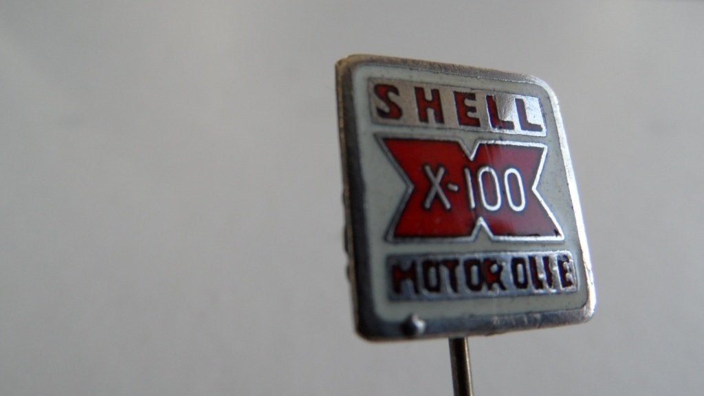 Shell X-100 motorolie speld, geëmailleerd, Verzenden, Gebruikt, Merk, Speldje of Pin