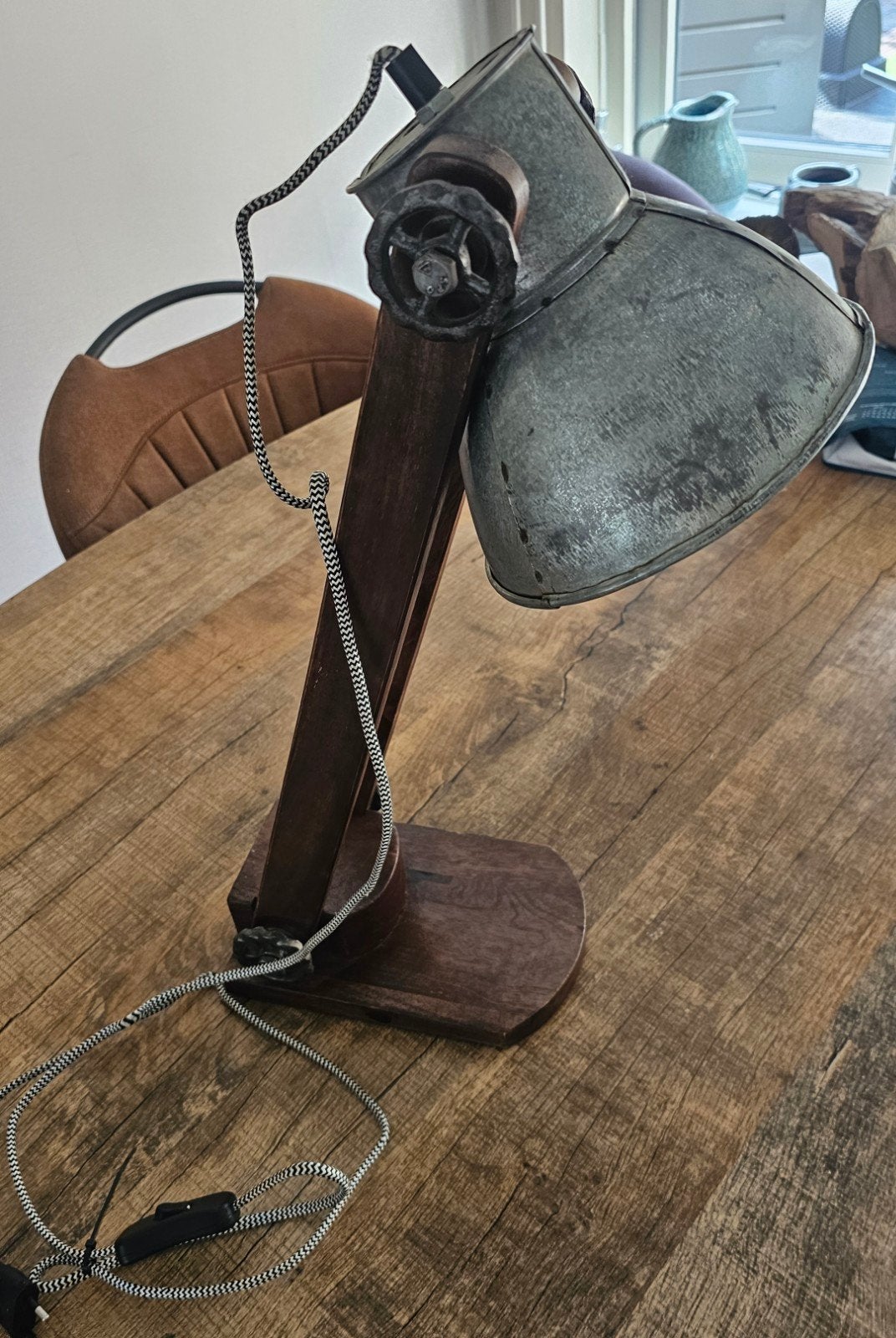 Industriële Tafellamp Hout en Metaal, Antiek en Kunst, Ophalen