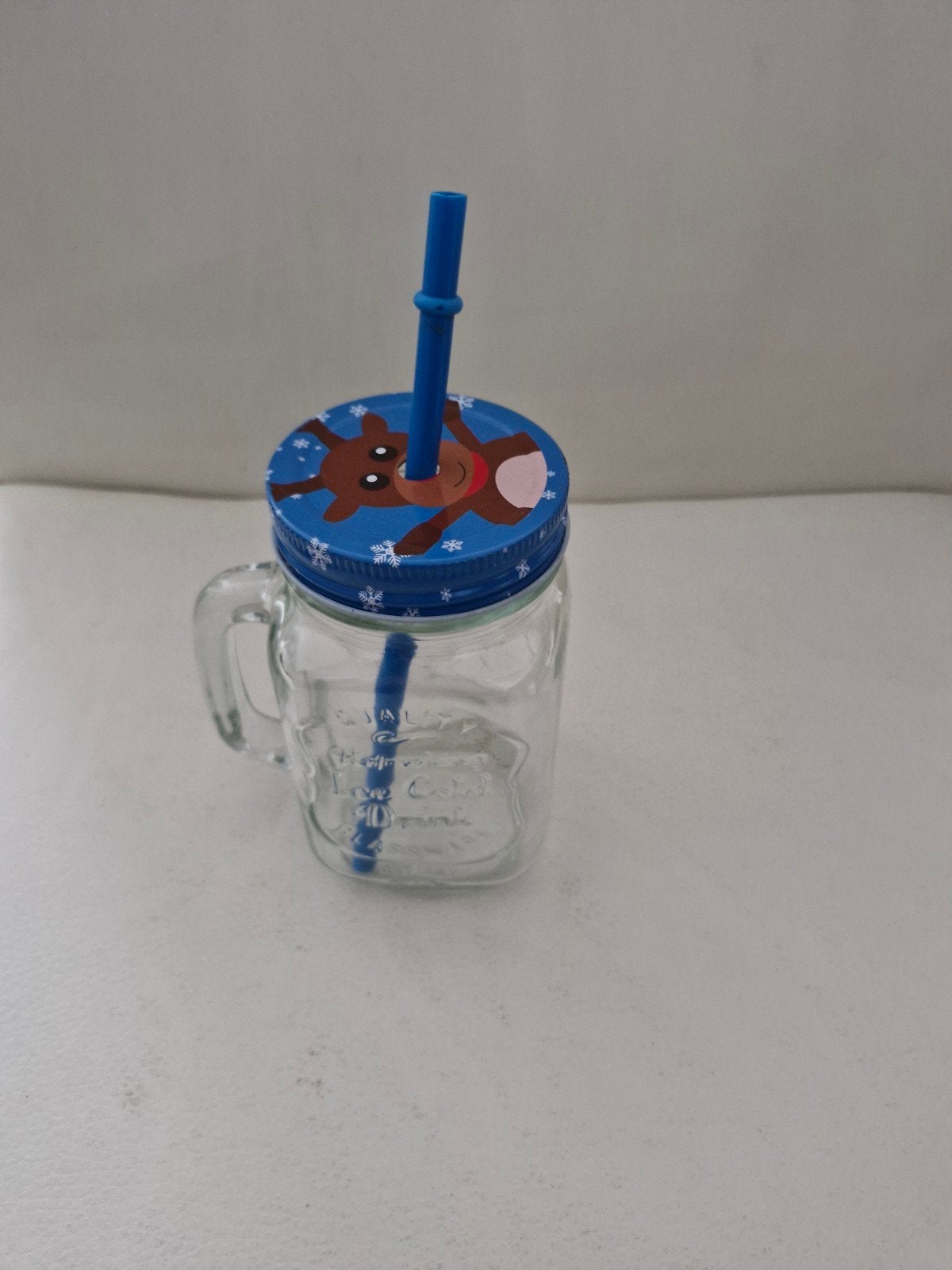 2x Mason Jar drinkbekers met rietje - Kerst rendier, Ophalen of Verzenden, Zo goed als nieuw, Meerkleurig, Glas