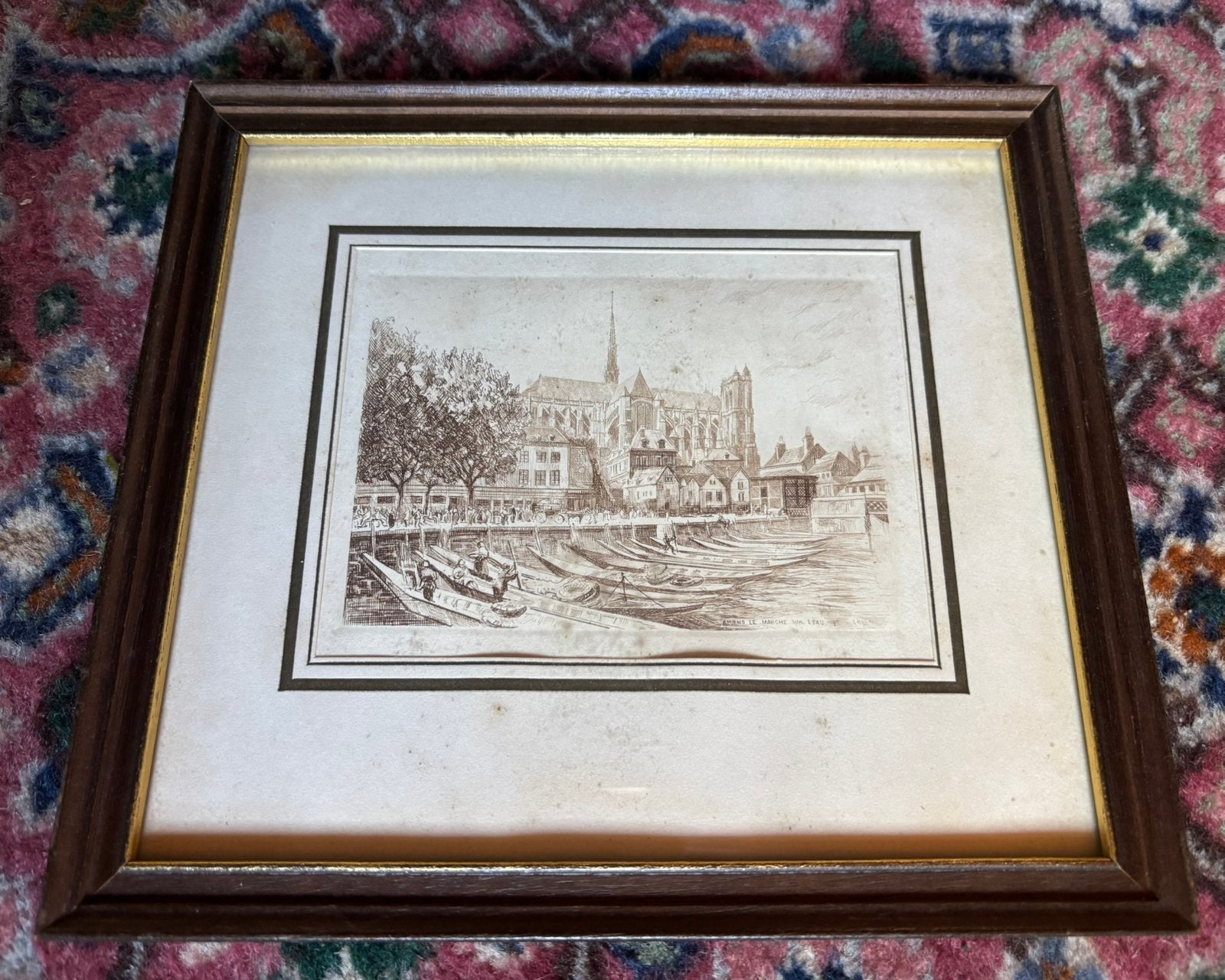 Ets Léopold Robin - Drijvende markt in Amiens in Frankrijk, Antiek en Kunst, 18 cm, Architectuur, Ophalen of Verzenden, 20 cm