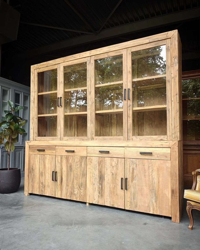 Grote robuuste vitrinekast | Buffetkast reclaimed teak #7556, Gebruikt, Met deur(en), -, 200 cm of meer