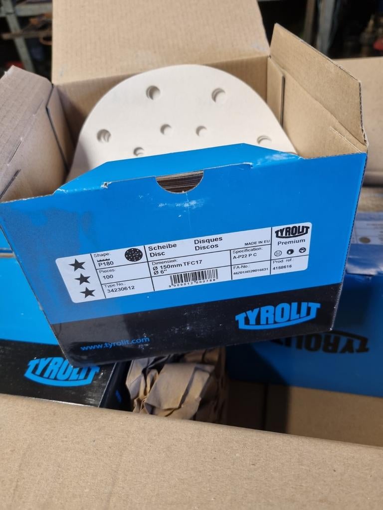 Tyrolit Schuurschijven 150mm P180 en P320 - 100stuks, Ophalen of Verzenden, Nieuw, Minder dan 600 watt, Excentrische schuurmachine