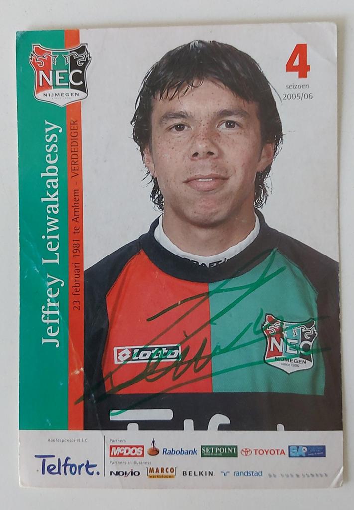 NEC Nijmegen spelerskaart Jeffrey Leiwakabessy (gesigneerd), Verzenden, Gebruikt, Overige binnenlandse clubs, Spelerskaart