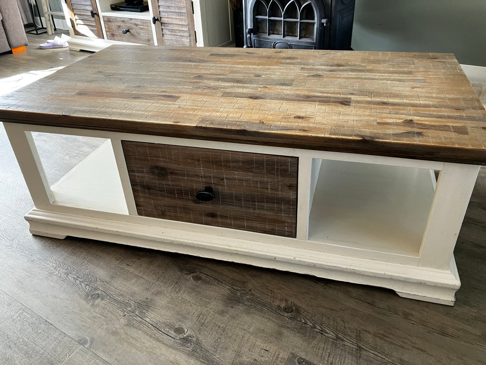 Robuuste salontafel met lade en opbergruimte, Ophalen, Gebruikt, 100 tot 150 cm, 50 tot 100 cm