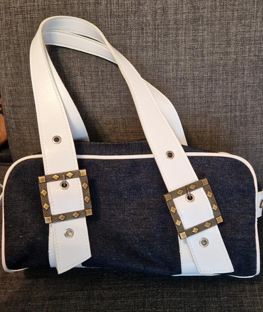 Denim handtas met witte details, Ophalen, Gebruikt, Blauw, Handtas