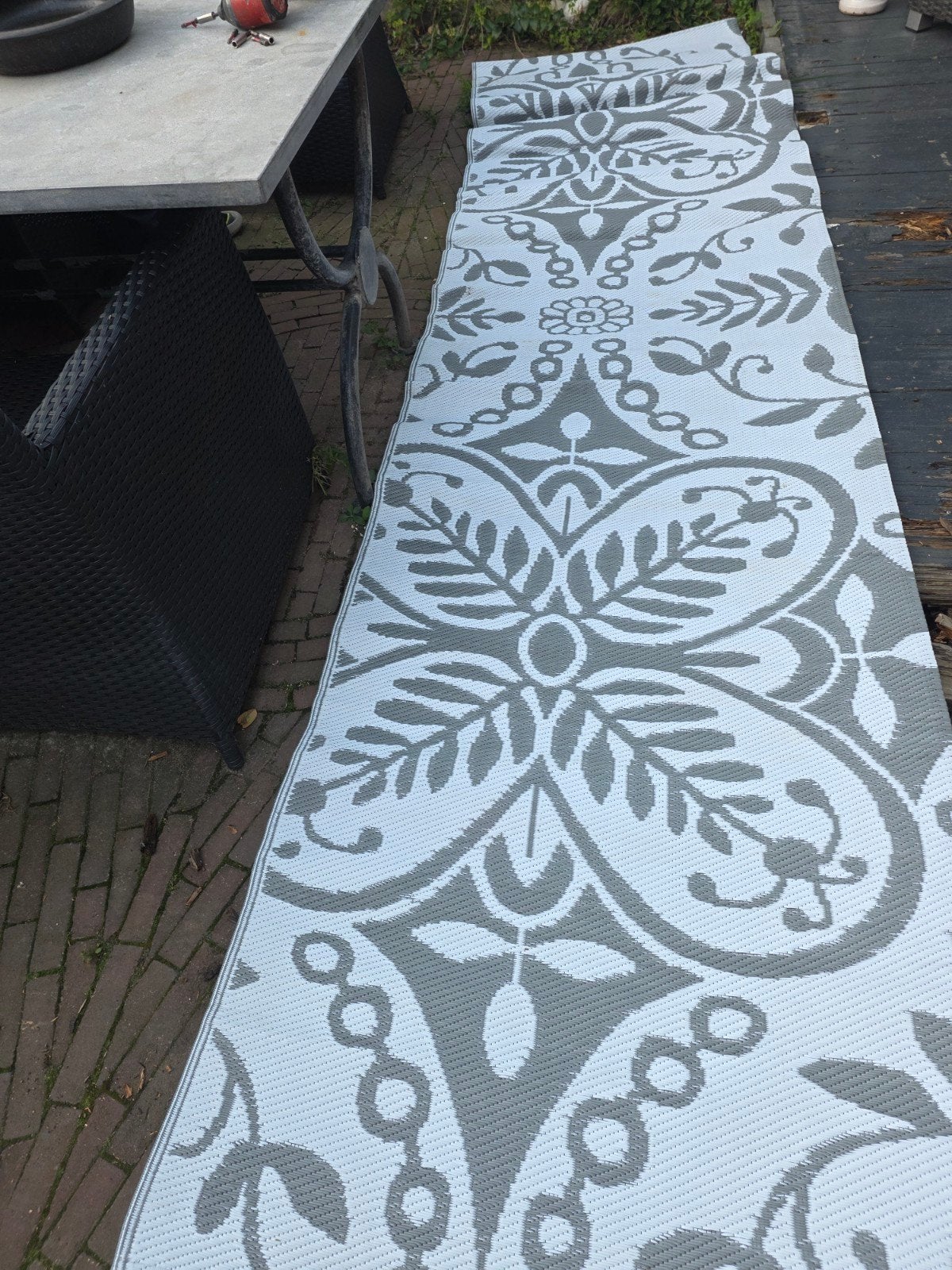Vloerkleed voortent (plastic) bloemen motief grijs/wit 3x4m, Ophalen, Zo goed als nieuw