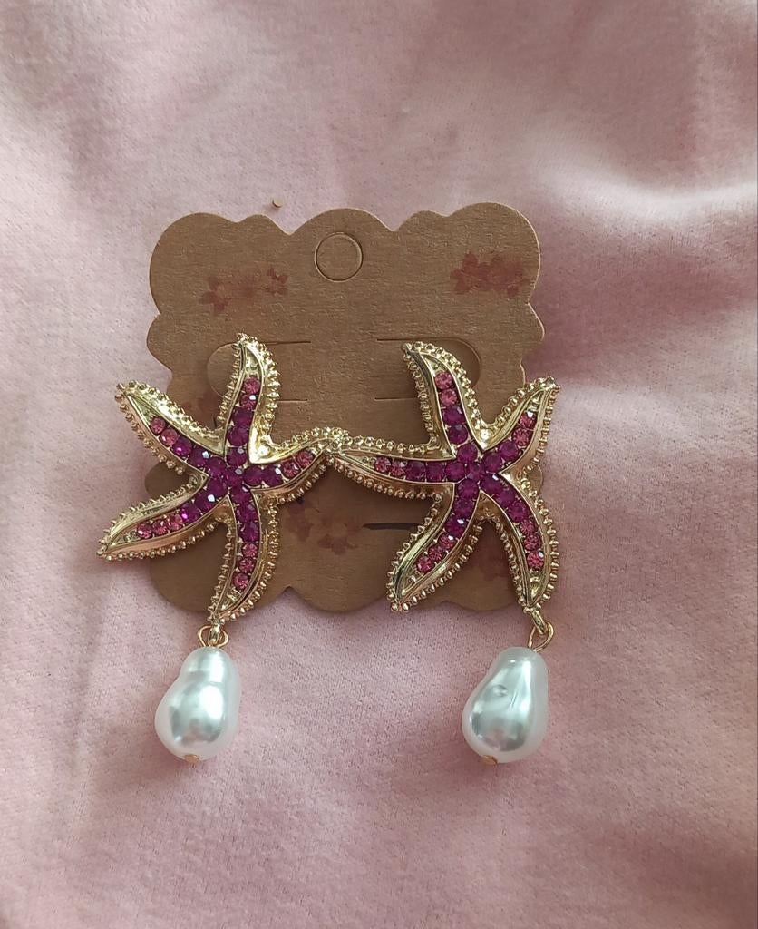 Oorbellen Zeester met roze bling en parel, Overige materialen, Nieuw, Ophalen of Verzenden, Roze