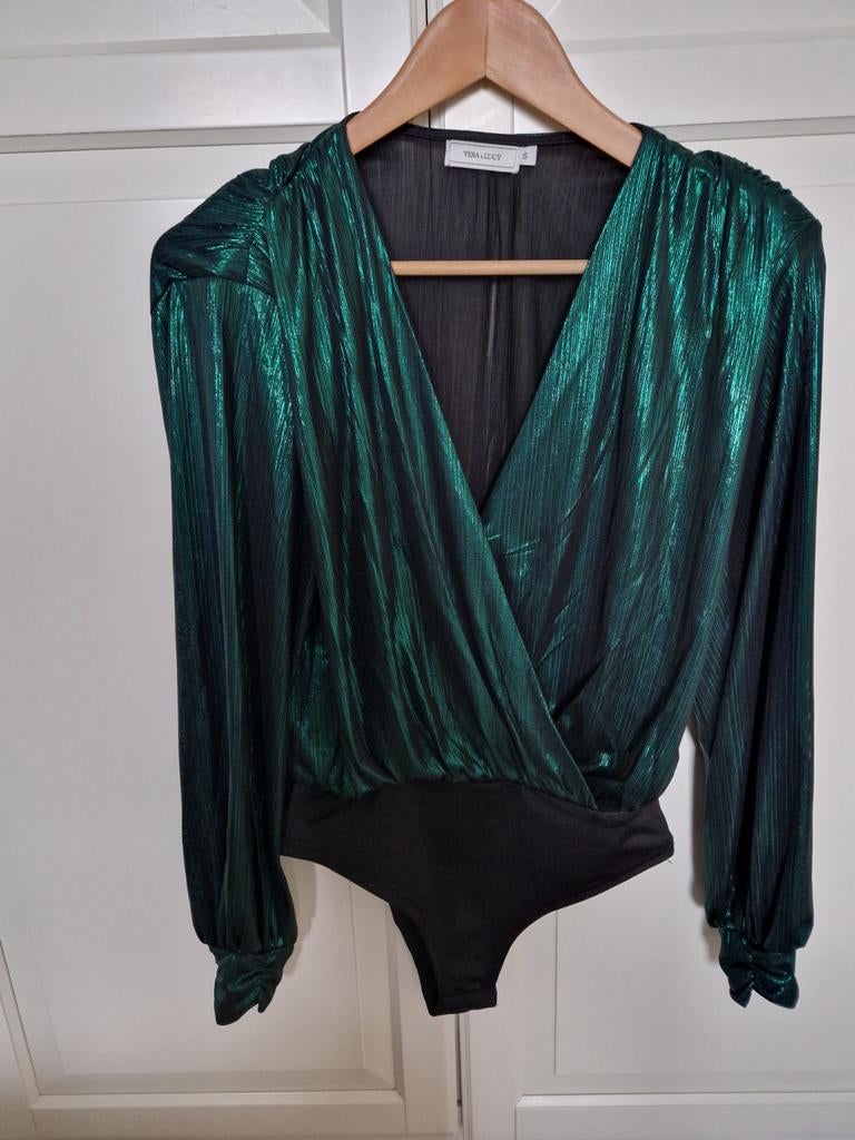 Groene glitter bodysuit Vera & Lucy maat S, Ophalen of Verzenden, Zo goed als nieuw, Lange mouw, Maat 36 (S)