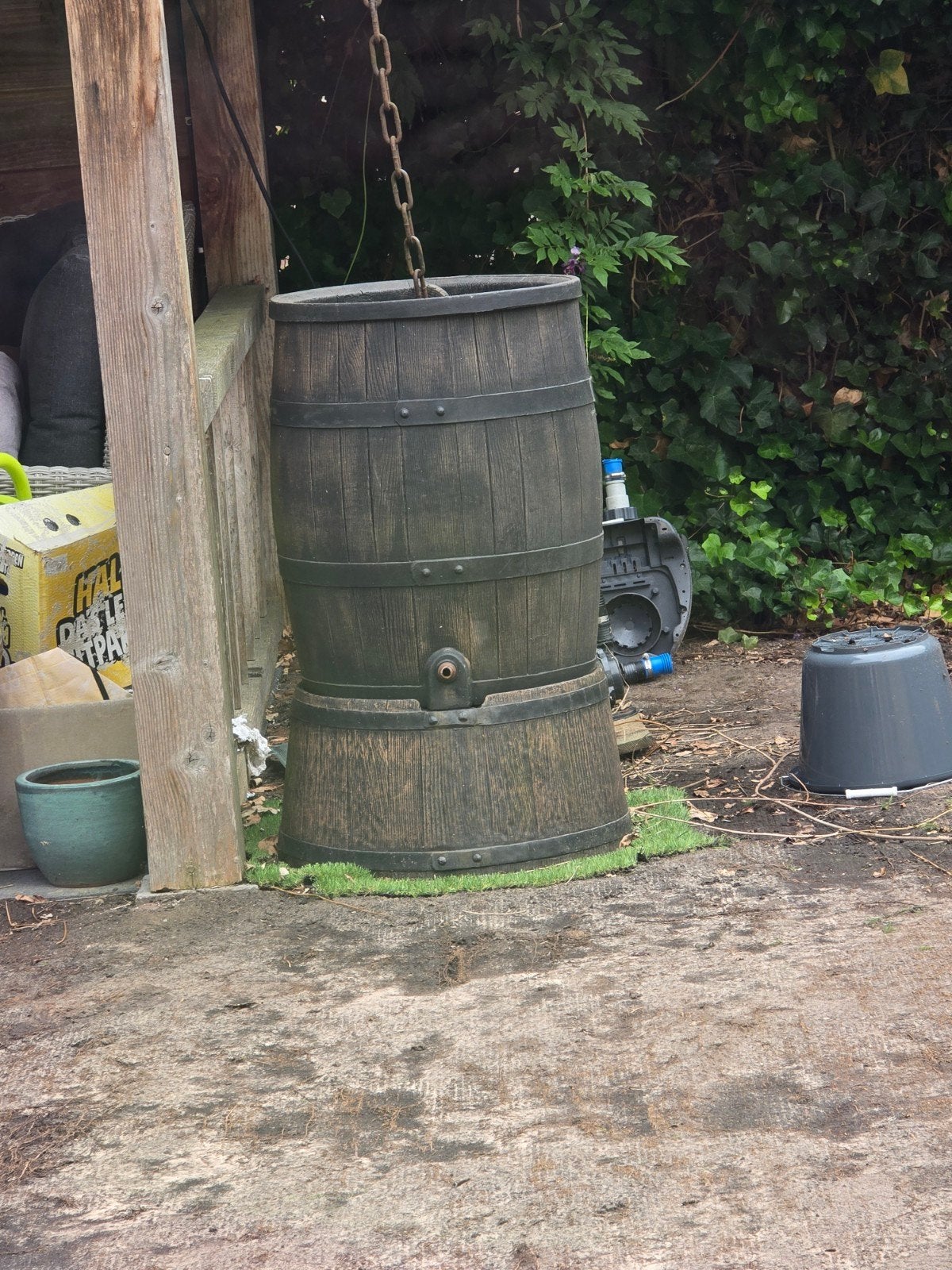 Regenton in houtlook kraantje stuk, Tuin en Terras, Regentonnen, Kunststof, Gebruikt, Met kraantje, 75 tot 150 liter