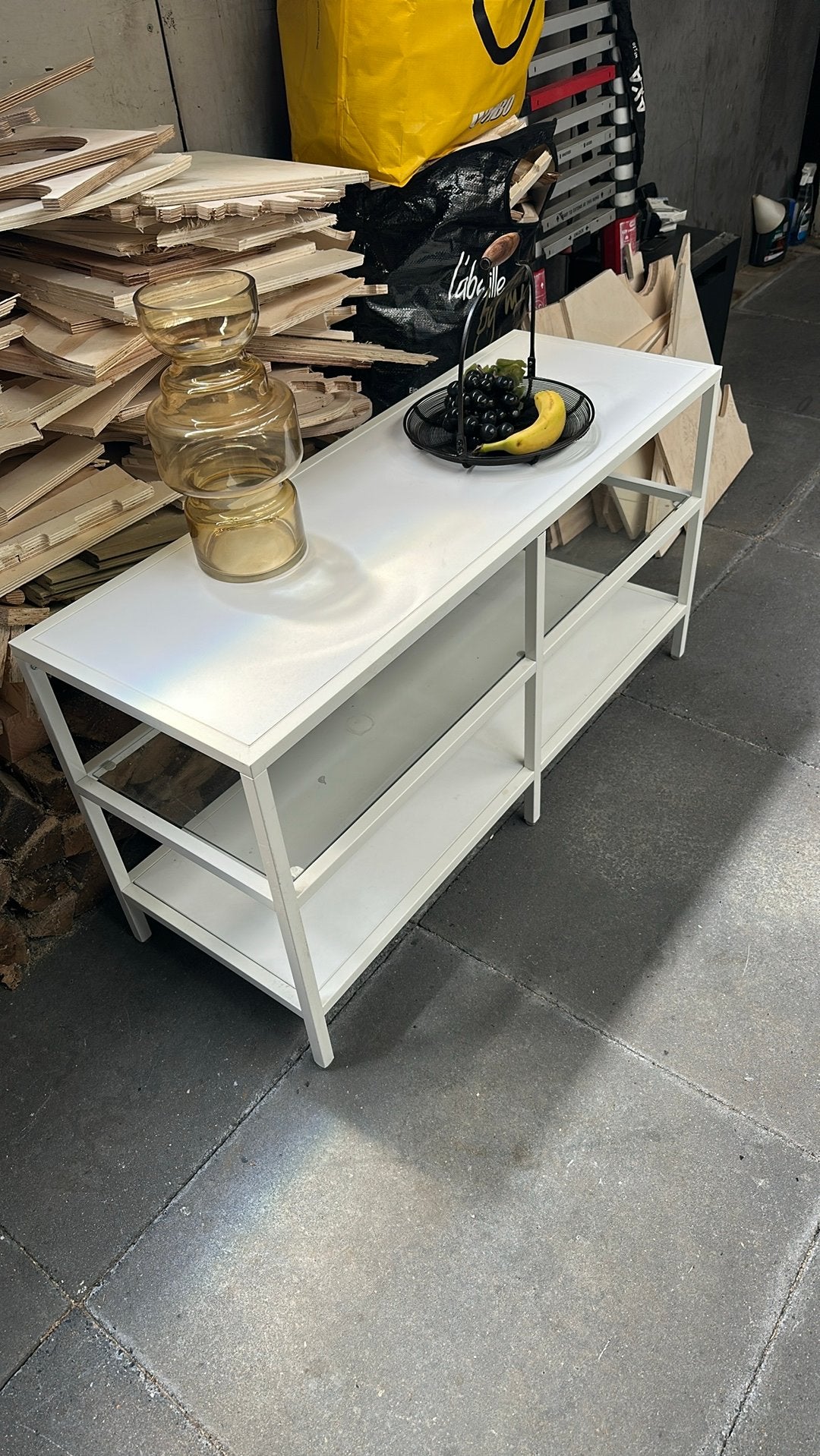 Sidetable metaal met glas en hout, Huis en Inrichting, Ophalen, Gebruikt, 100 tot 150 cm, Metaal