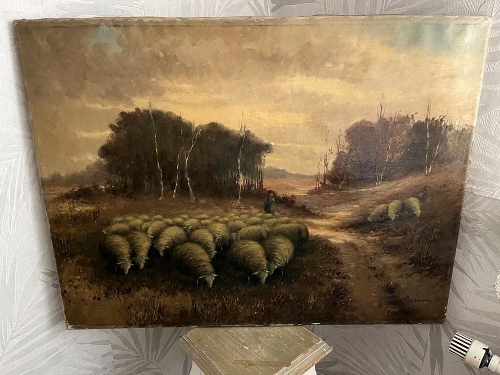 Antiek groot olieverf met schapen schilderij, Ophalen of Verzenden
