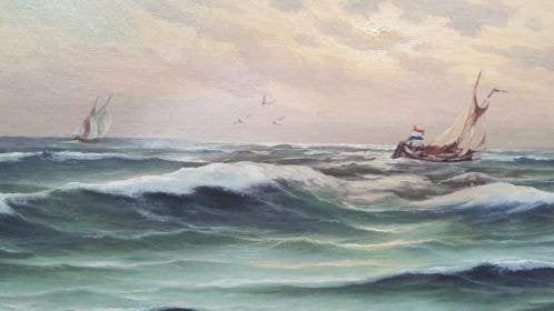 schilderij H.J. Wijngaard zeegezicht Kaagschip Noordzee., Ophalen