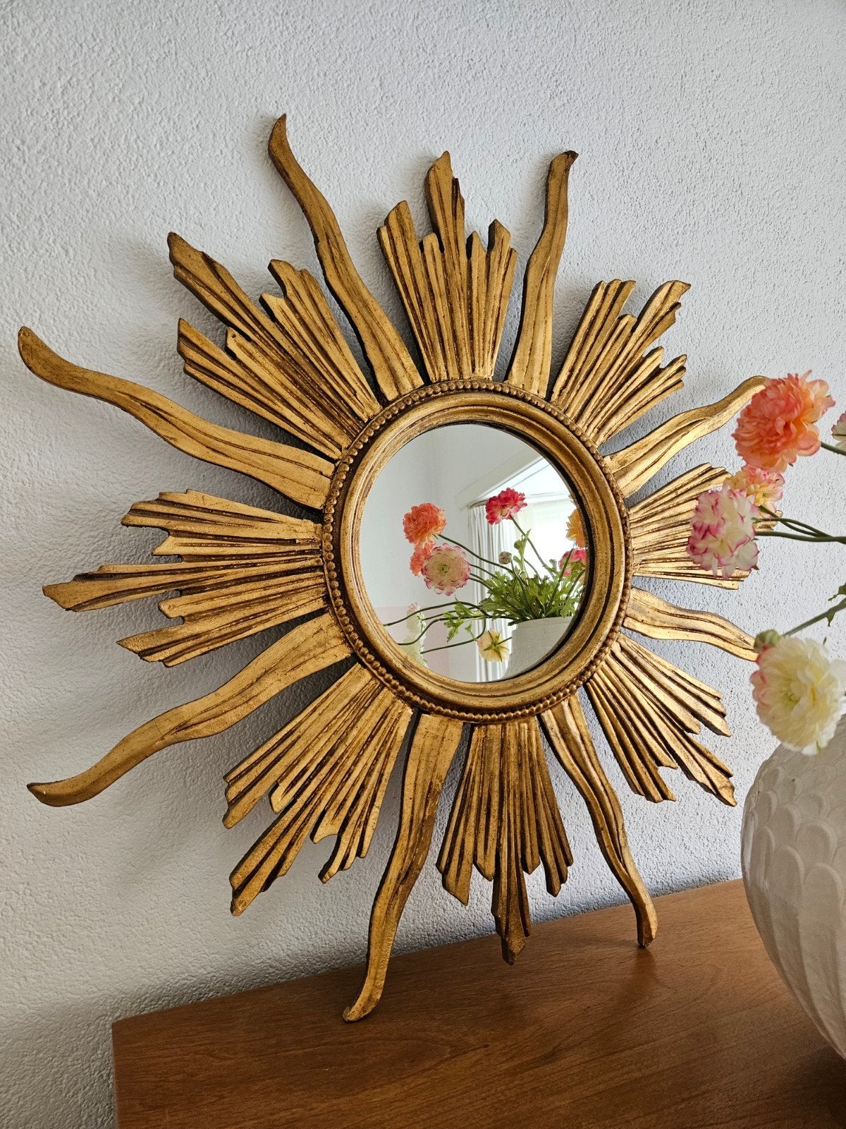XL vergulde houten zonnespiegel 78 cm, Antiek en Kunst, Antiek | Spiegels, Ophalen, Overige vormen, 50 tot 100 cm, Minder dan 100 cm