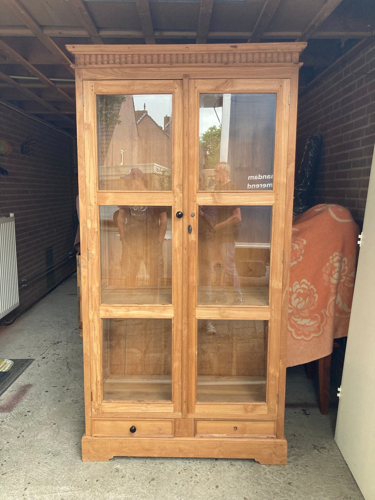 Teakhouten vitrine kast, Huis en Inrichting, Kasten | Vitrinekasten, Ophalen, Gebruikt, Met deur(en), 200 cm of meer