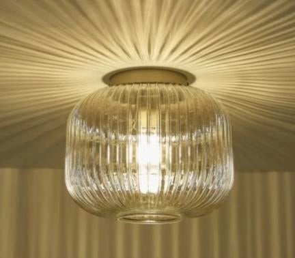Vintage Plafondlamp Geribbeld Glas Amberkleurig, Ophalen