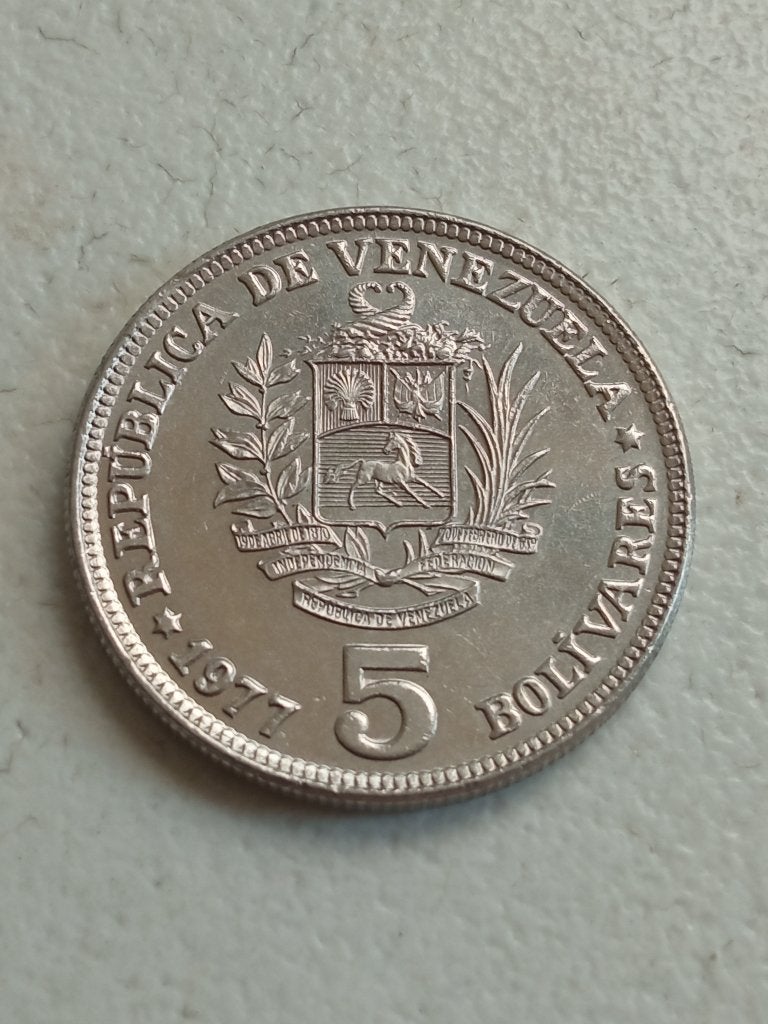 Venezuela 5 bolivar 1977., Ophalen of Verzenden, Zuid-Amerika, Losse munt
