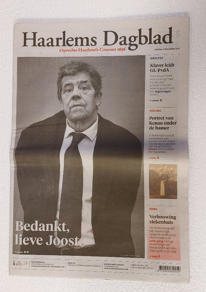 Joost Prinsen Haarlems Dagblad Complete krant 4 nov 2025, Overige typen, Nieuw, NvT, Haarlems Dagblad