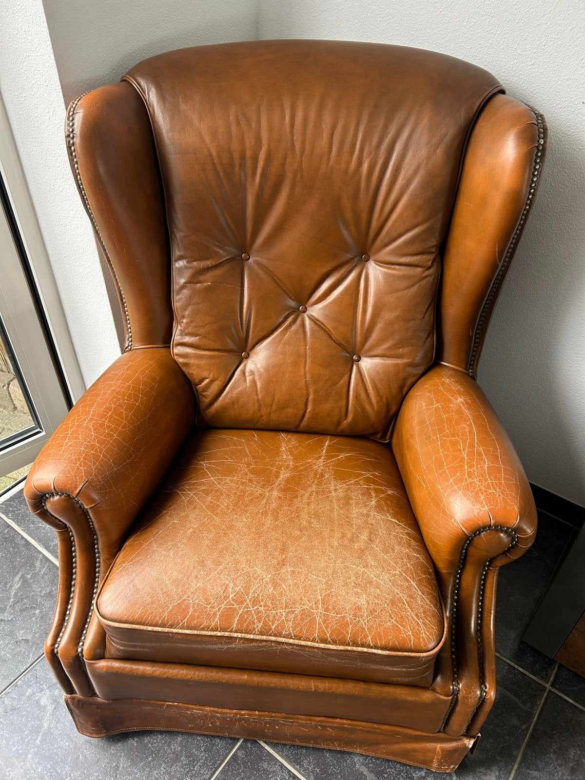Vintage Leren Fauteuil - Chesterfield Stijl, Huis en Inrichting, Fauteuils, Ophalen, Gebruikt, Leer, 75 tot 100 cm