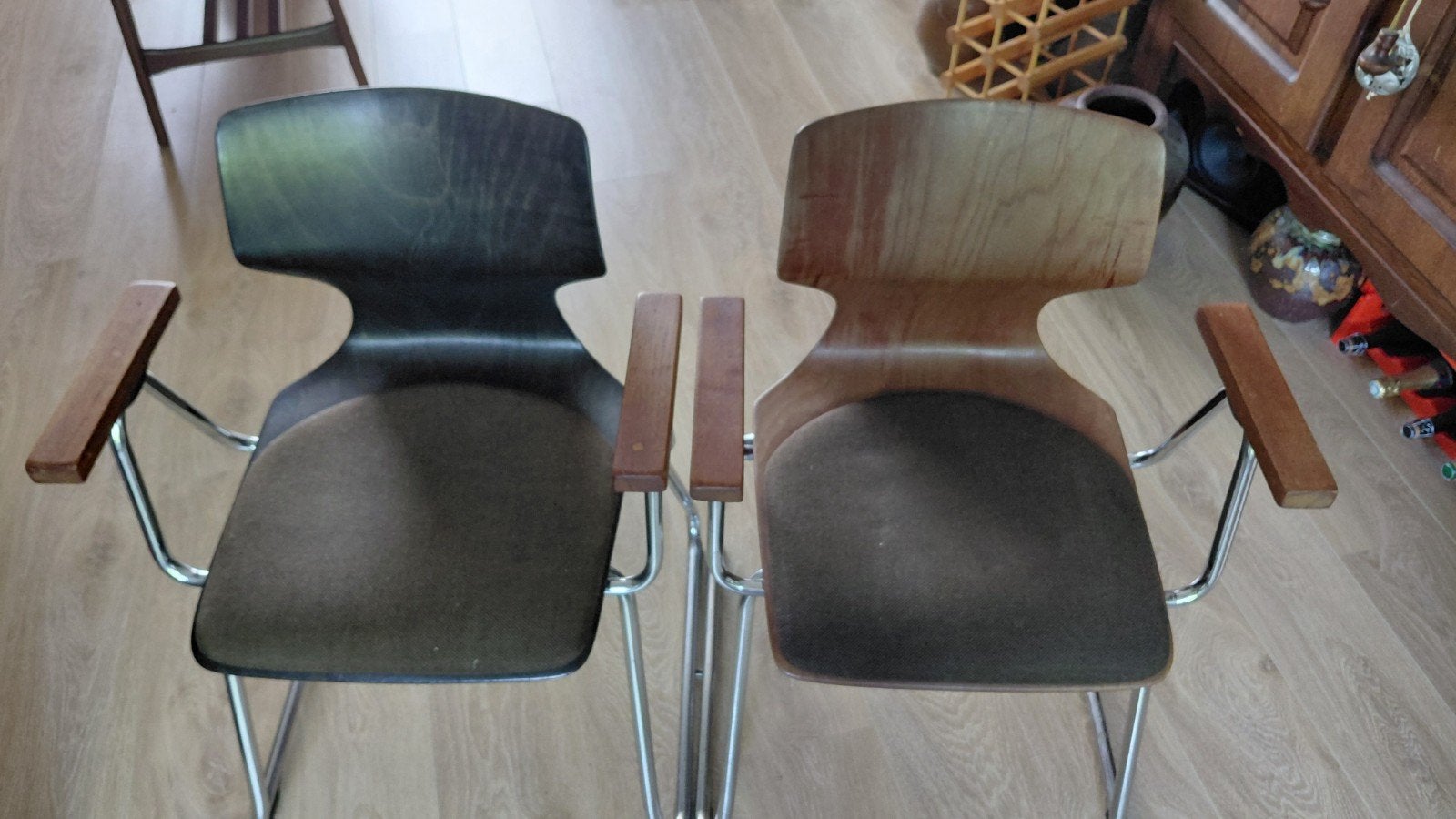 twee originele vintage flötotto pagholz design stoelen, Ophalen, Gebruikt, Twee, Bruin