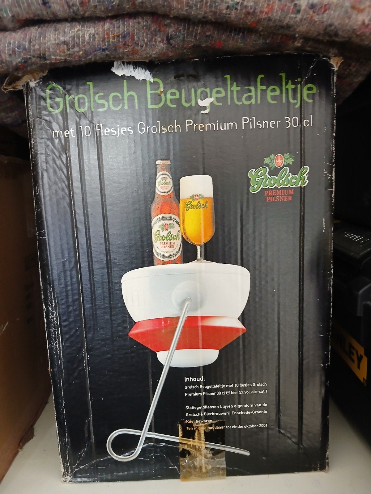 Grolsch Beugeltafeltje met 9 flesjes Grolsch Premium Pilsner, Vintage, Gebruikt, Ophalen of Verzenden, Metaal