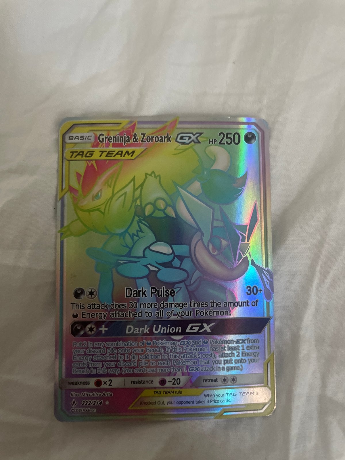 Greninja & Zoroark GX 222/214Rainbow Rare Pokémon Kaart, Verzenden, Zo goed als nieuw, Losse kaart, Foil