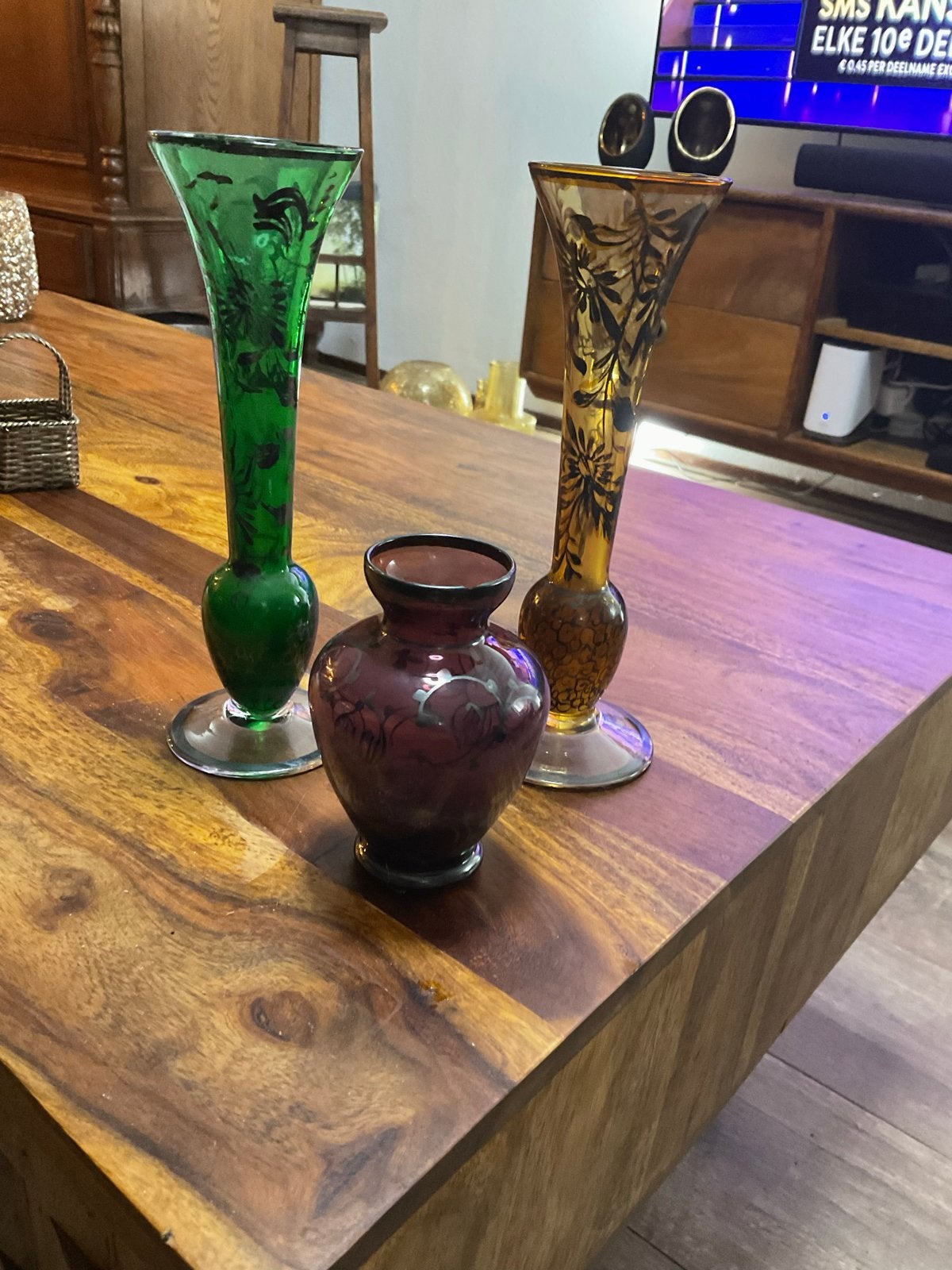 3 Antieke Art Nouveau Glazen Vaasjes met Zilveroverlay, Antiek en Kunst, Ophalen