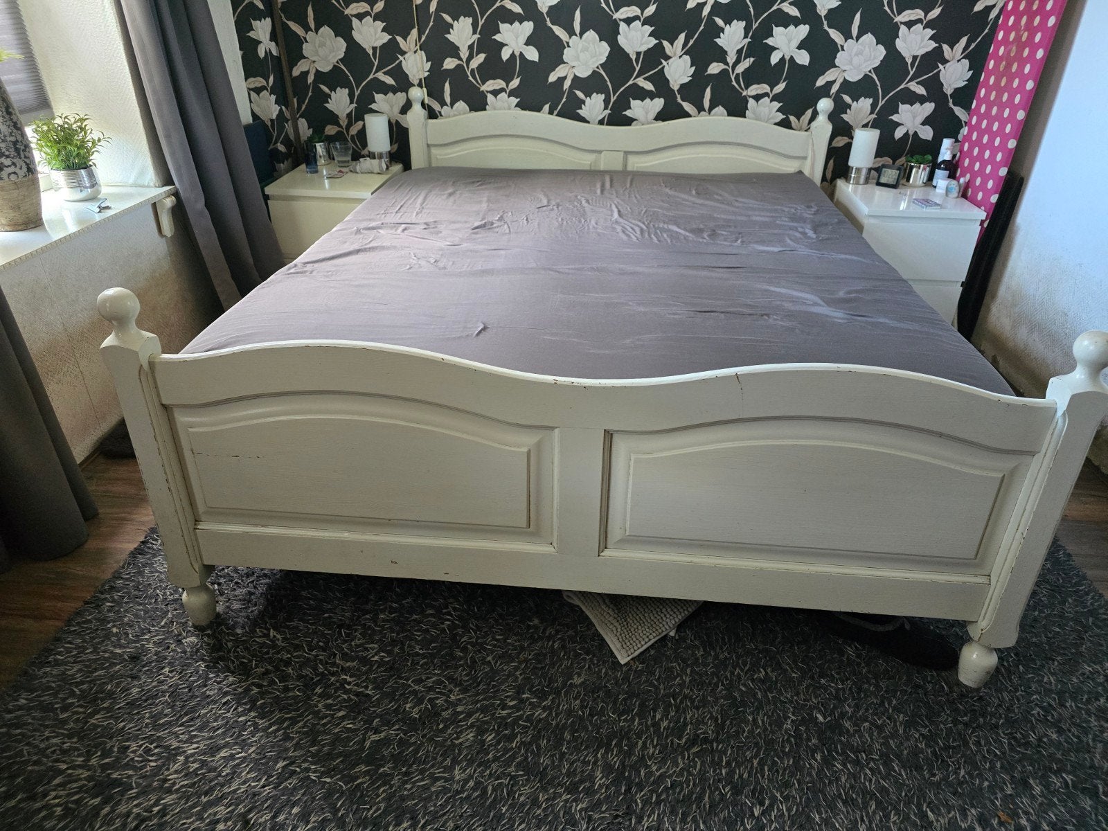Tweepersoonsbed met Auping spiraalbodems en matras, Ophalen, Gebruikt, Wit, Tweepersoons