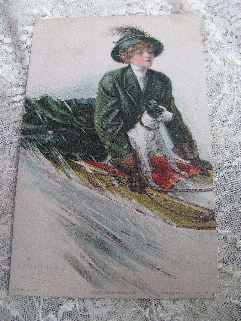 Antieke Glamour Kaart uit 1914 - Dame met Hond op Slee, Verzamelen, Ophalen of Verzenden, Voor 1920, Gelopen, Overige thema's