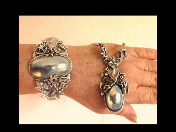Zilveren Collier en Armband met Bijzonder Design Parelmoer!, Verzenden, Zilver, Overige typen