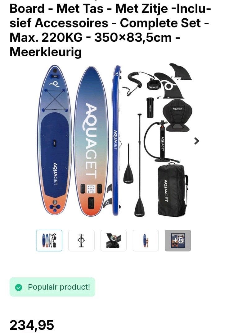 AQUAGET SUP Board met Tas, Zitje en Complete Accessoires, Watersport en Boten, Ophalen, Nieuw, SUP-boards