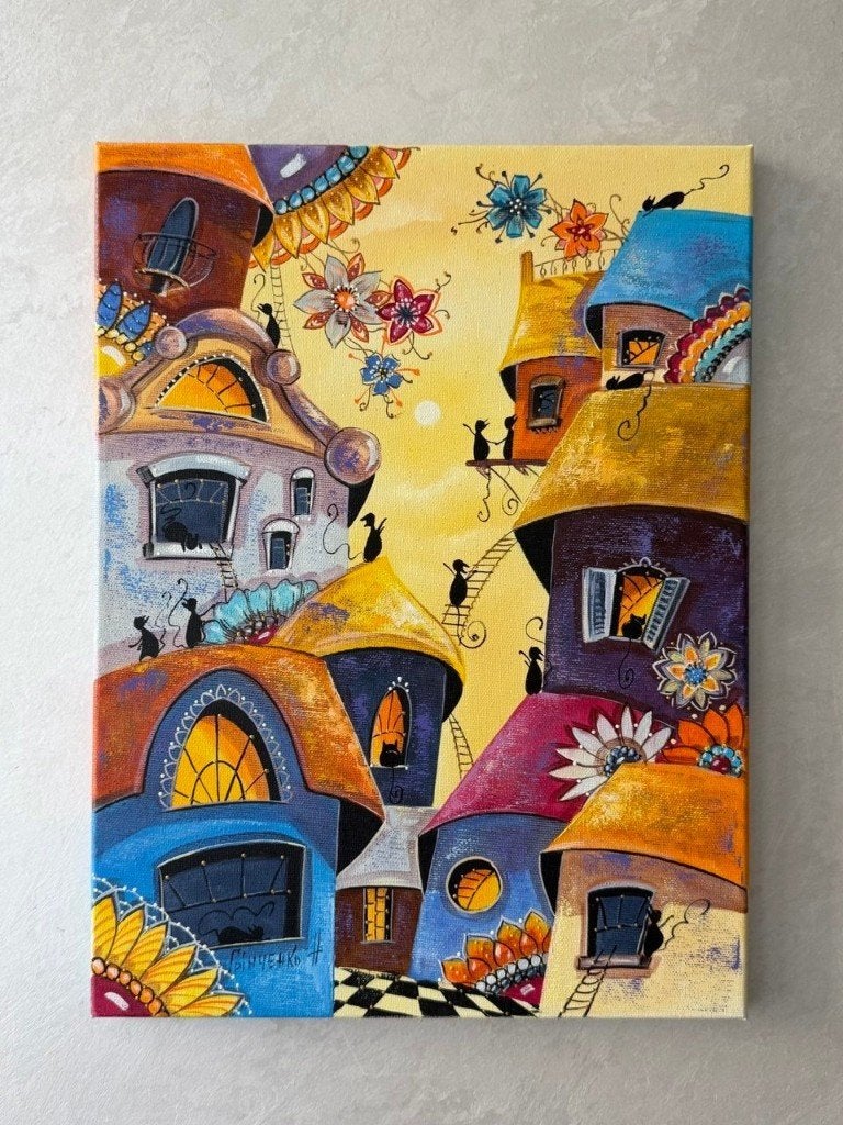 Natalia Grinchenko – Sunny day in a catstown. origineel doek, Minder dan 50 cm, Nieuw, Ophalen of Verzenden, Schilderij