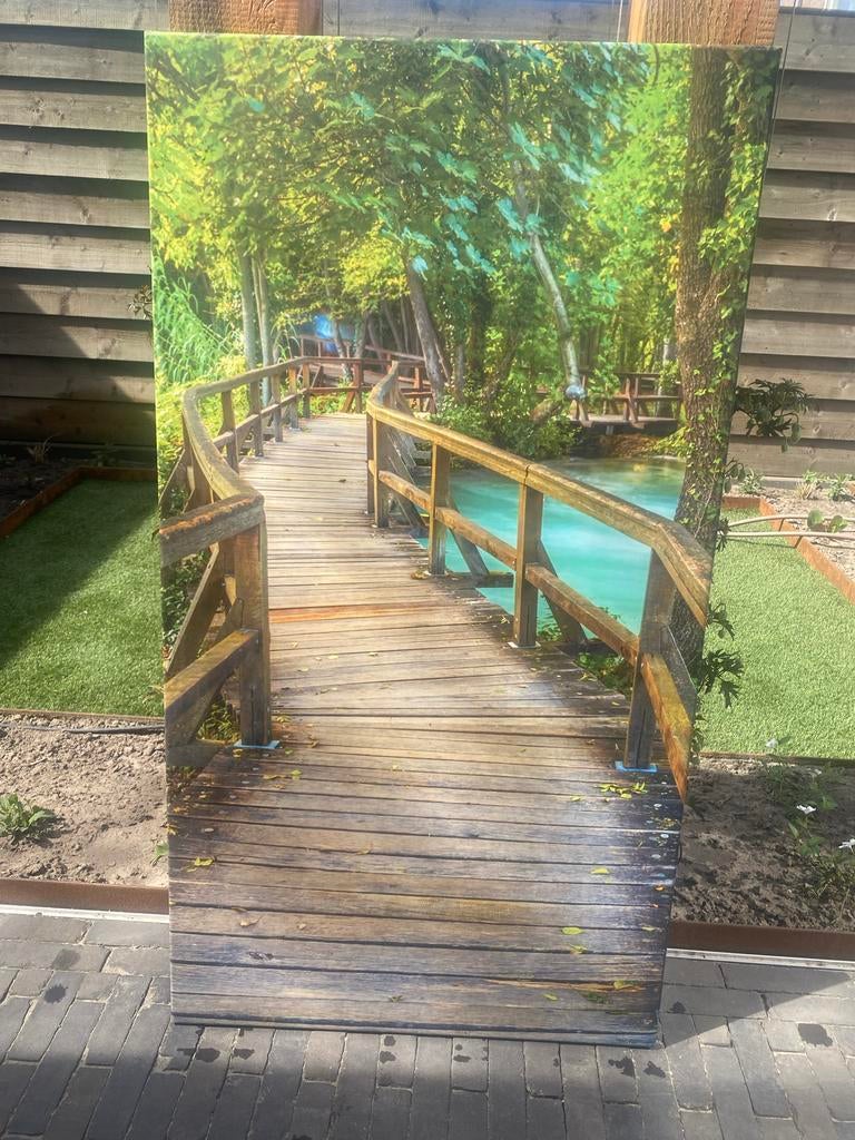 Buiten canvas 70x130 cm bruggetje/water/natuur, Tuin en Terras, Ophalen, Zo goed als nieuw