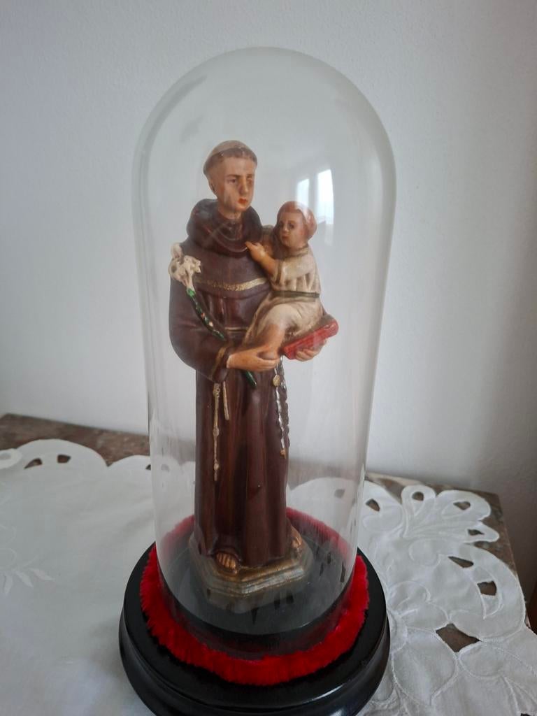 Antiek beeld Heilige Anthonis in glazen stolp, Ophalen of Verzenden