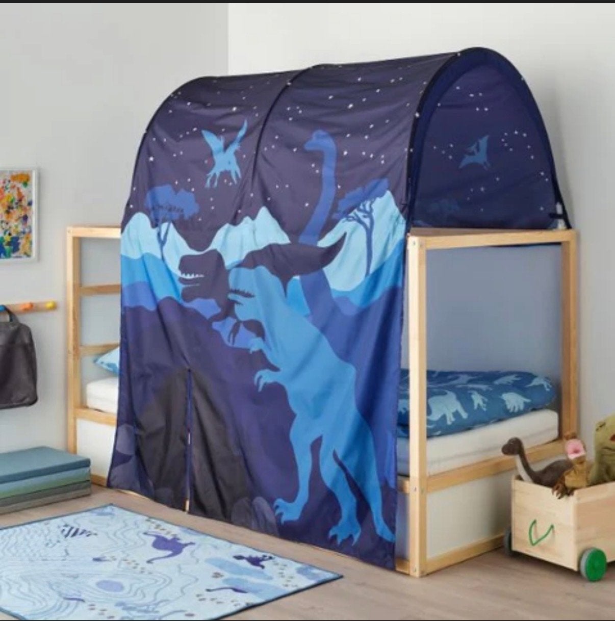 Ikea Kura bed met jungle/dino bedtent en vloerkleed, Ophalen, 85 tot 100 cm, Gebruikt, Hoogslaper of Stapelbed