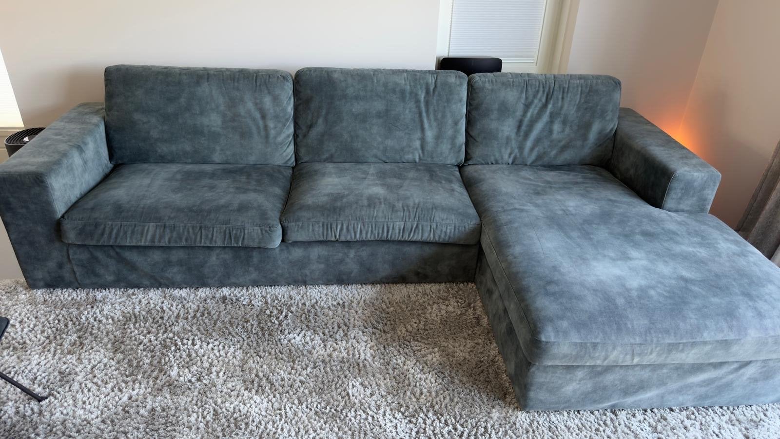 Grote hoekbank met chaise longue velours Decor Amsterdam, Ophalen, Gebruikt, 300 cm of meer, Vierpersoons of meer