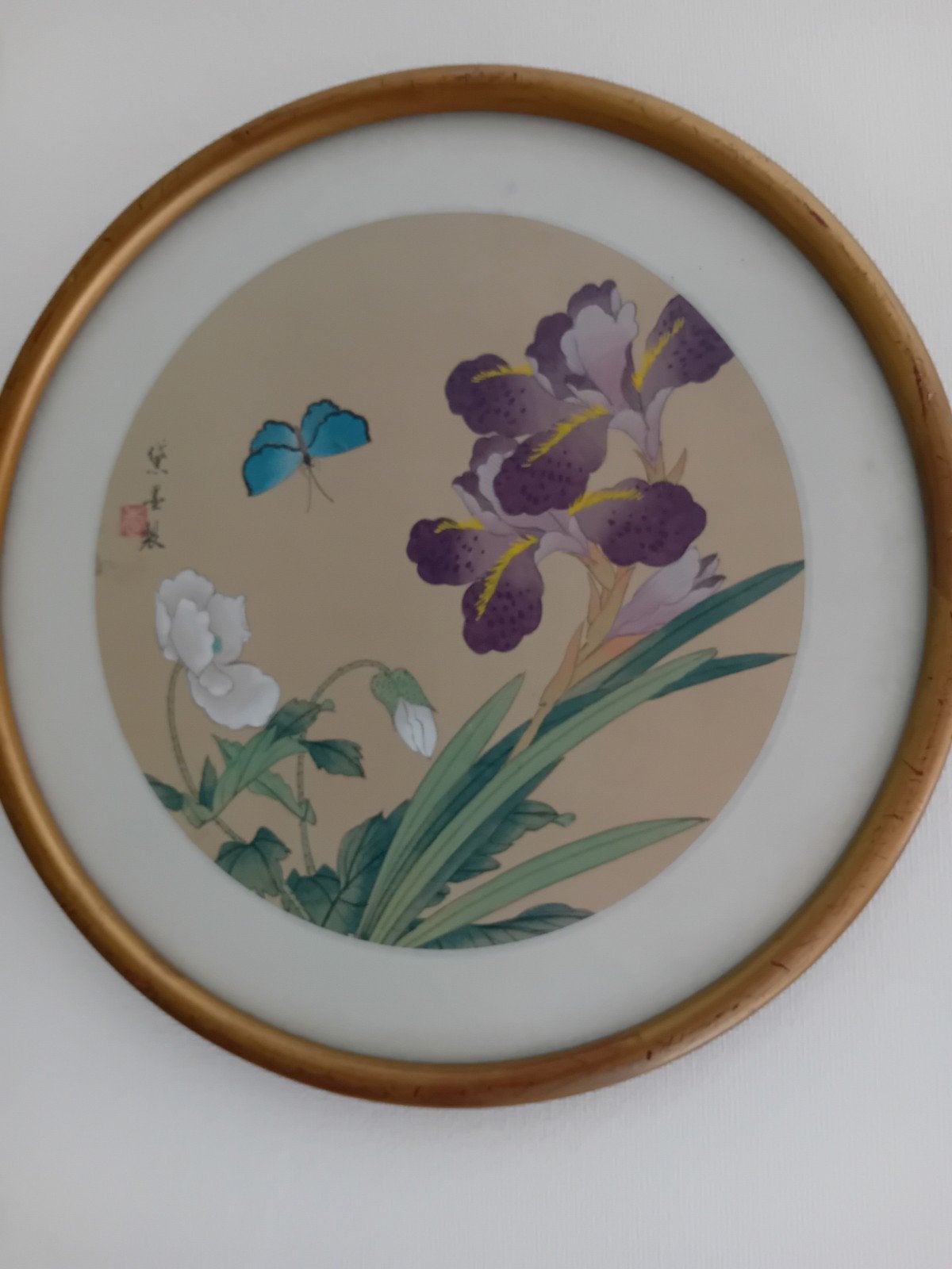 Oosterse schildering: Iris, bloemen en vlinder, Antiek en Kunst, Kunst | Schilderijen | Klassiek, Ophalen of Verzenden