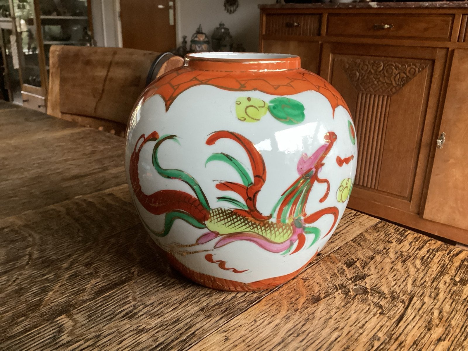 Antieke Chinese gemberpot met draak+feniks decor € 18, Antiek en Kunst, Ophalen of Verzenden